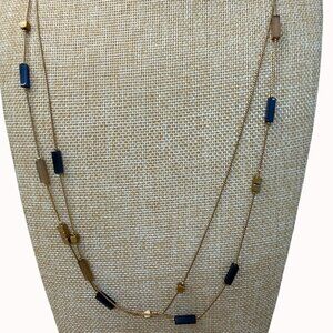 Kenneth Cole Long Gold‎ Chain Necklace W/ Blue & Brown Beads Adjustable Clasp